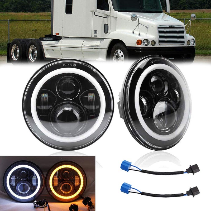 AMUNIESUN Pair 7inch Compatible With Jeep Wrangler JK TJ LJ CJ Chevy Dodge Headlight Halo Angel Eye White DRL Amber Turn Lamps - Image 1